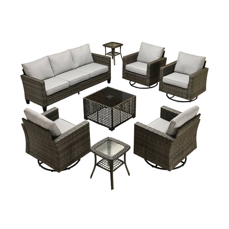 OVIOS 8 Pieces Outdoor Swivel Chair Set with Solar-Powered Table