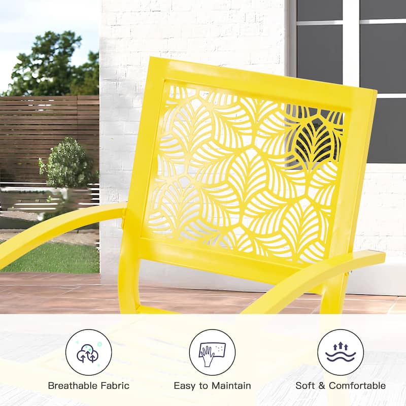 Outdoor Patio Set, Weatherproof Iron Bistro Table & Chairs, Floral Back Design, Space-Saving（Green/ Blue/ Yellow/ Black）