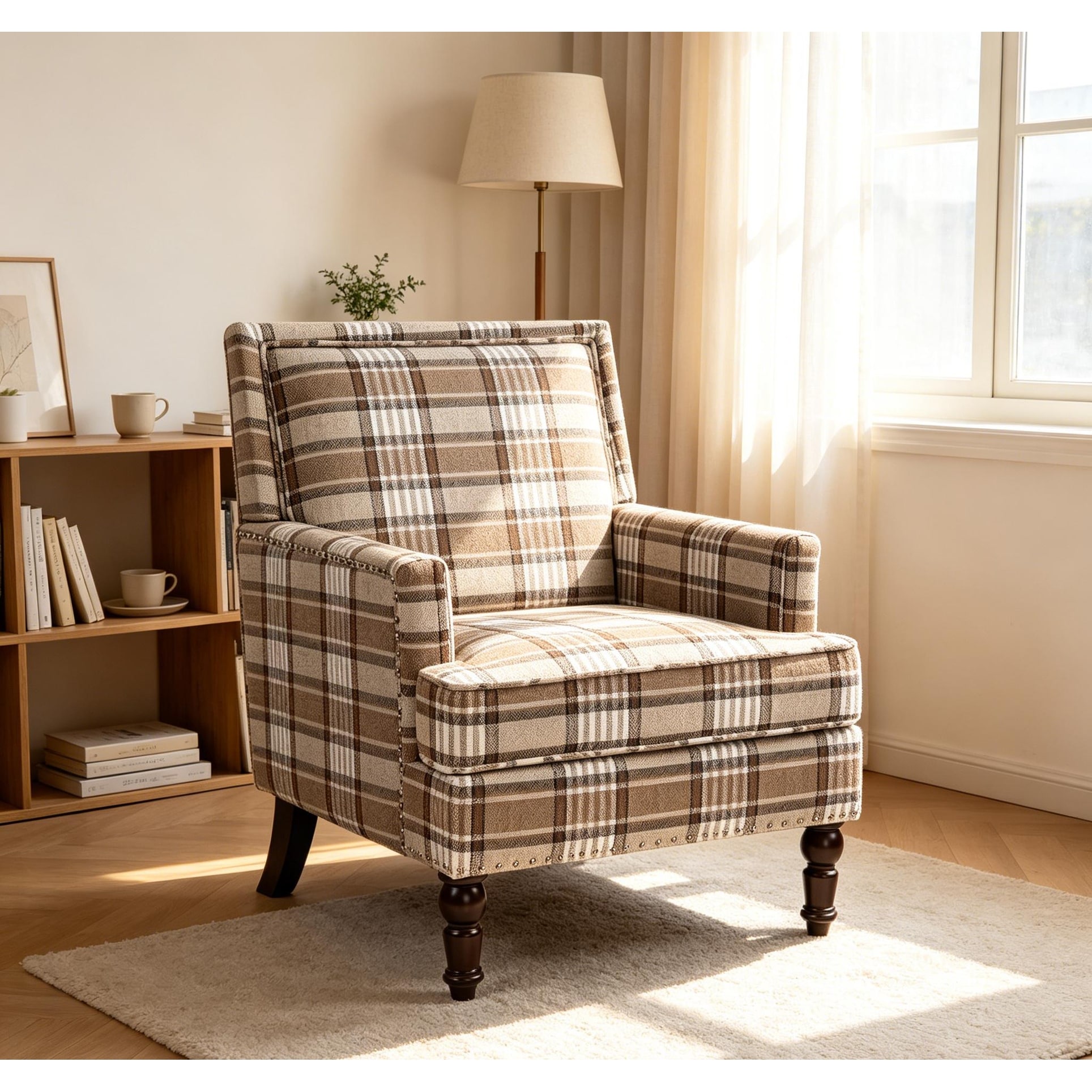 Plaid Fabric Armchair, Accent Chair with Nailhead Trim & Wood Legs for Living Room