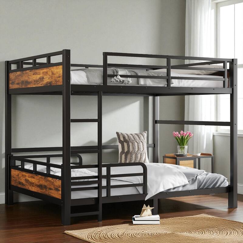 Queen over Queen Metal Bunk Bed Frame with Guardrails, Convertible Loft and Platform Beds, Noise-Free Design