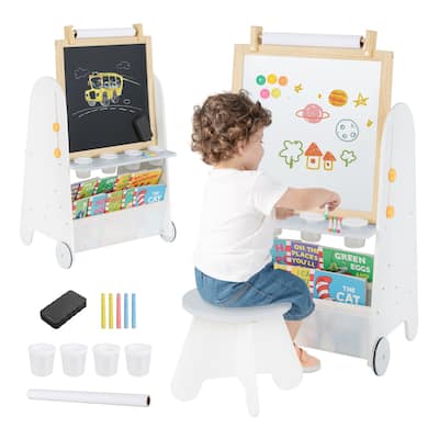 Kids 4 in 1 Art Easel and Desk with Stool Adjustable Height Whiteboard Chalkboard Paper Roll and Storage for Drawing