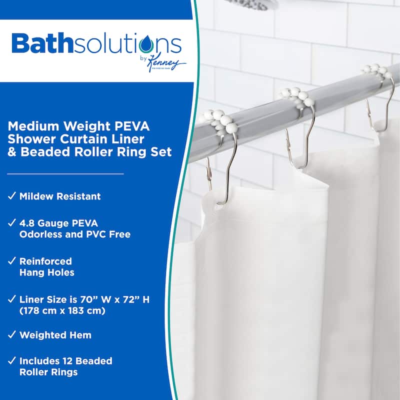 Kenney Medium Weight PEVA Shower Curtain Liner & Beaded Roller Ring Set, 70" W x 72" H