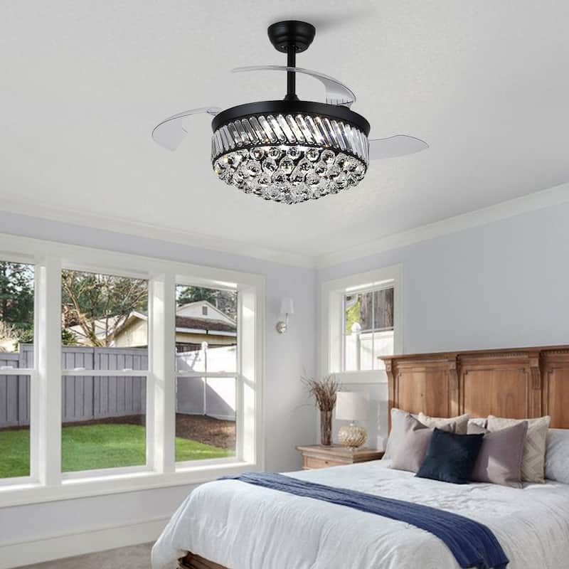 48" Crystal Fandelier Ceiling Fan with Light and Retractable Blades LED Dimmable for Bedroom Living Room - 48 Inches