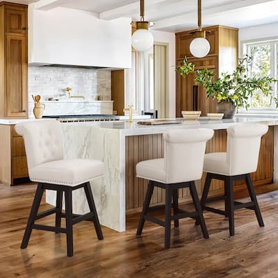 26 in. Set of 3 Upholstered Bar Stools Counter Height Barstool 360° Swivel with Curved Backrest, Armless Stool