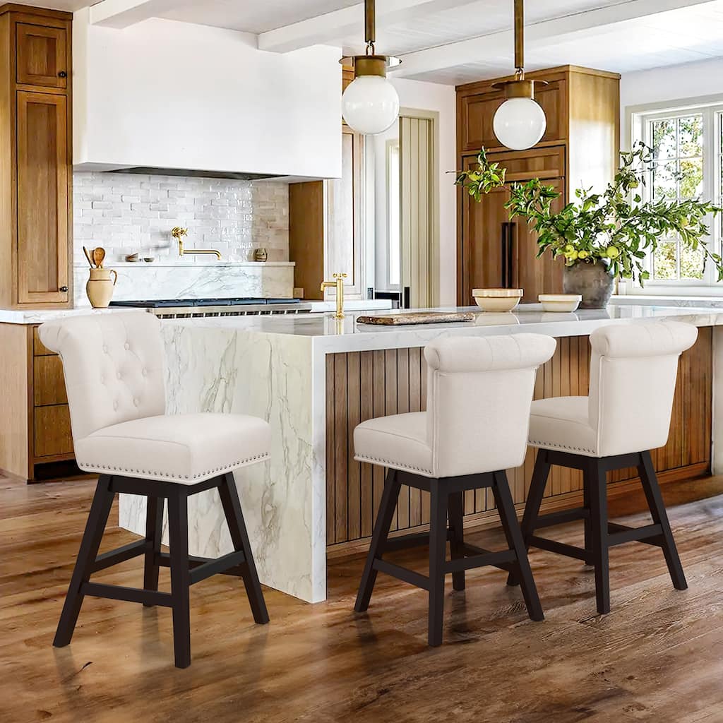 26 in. Set of 3 Upholstered Bar Stools Counter Height Barstool 360° Swivel with Curved Backrest, Armless Stool