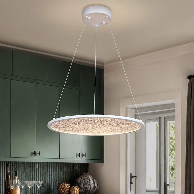 Modern 1-Light White Round LED Chandelier Minimalist Pendant Lights for Dining Room - 17.5" D x 61.5" H