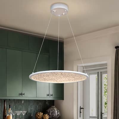 Modern 1-Light White Round LED Chandelier Minimalist Pendant Lights for Dining Room - 17.5" D x 61.5" H