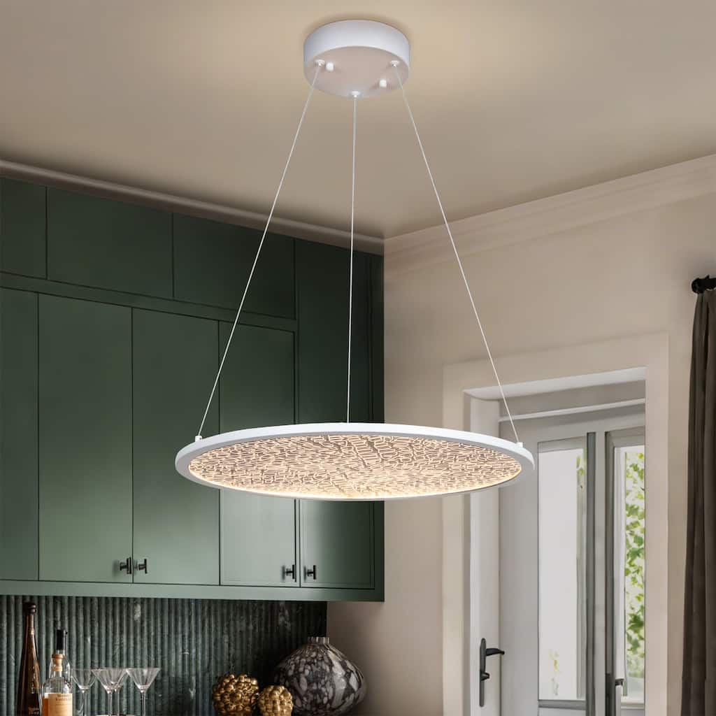 Modern 1-Light White Round LED Chandelier Minimalist Pendant Lights for Dining Room - 17.5" D x 61.5" H