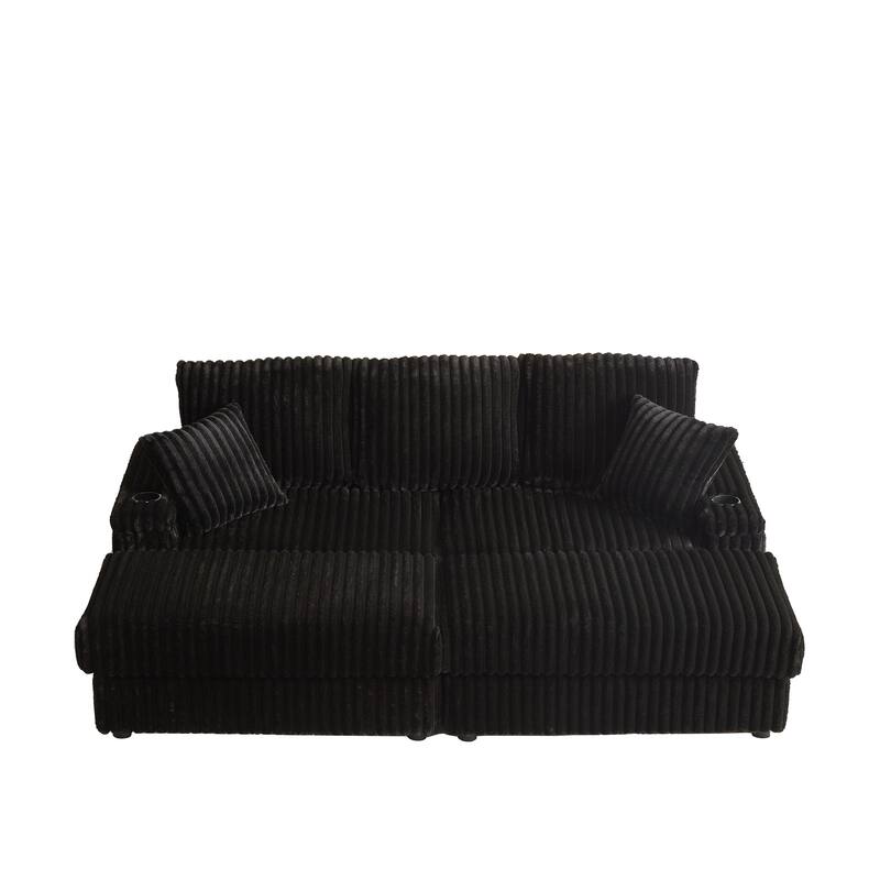 Deep Seat Sectional Loveseat Set with 2 Ottoman and 2 Pillows, Corduroy Chaise Lounge Bed with 2 Storage Spaces and Cupholding