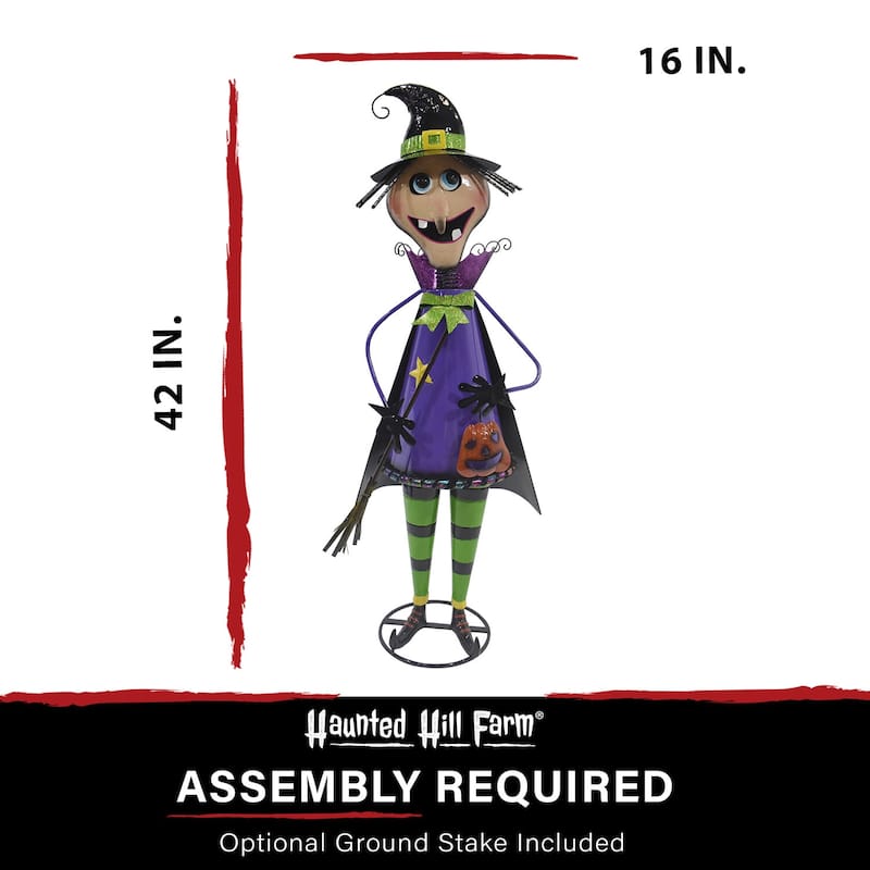 Haunted Hill Farm 42-In. Iron Witch Holding a Jack-O-Lantern with Removable Yard Stake