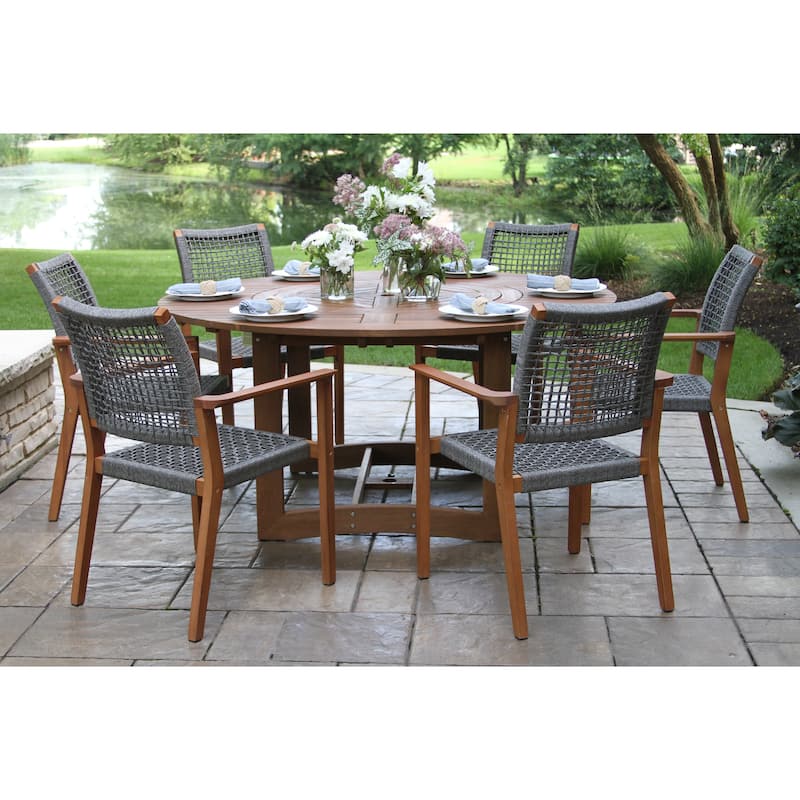 Eilaf 7-Piece Eucalyptus Lazy Susan Dining Set With 6 Stacking Rope Armchairs