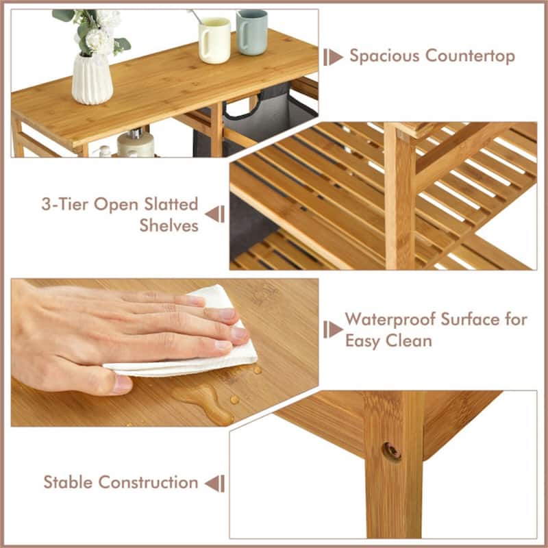 Natural Wicker Laundry Hamper Stand with Shelves & Removable Bag - 31.5" x 13.5" x 32" (L x W x H)