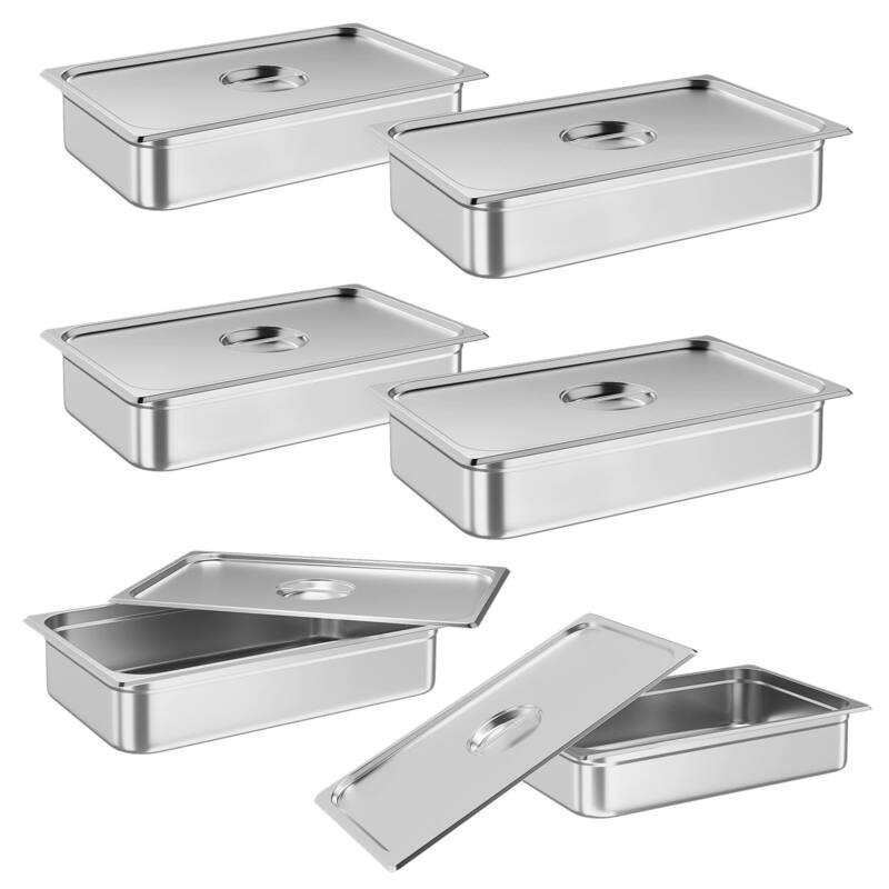 6 Pack Hotel Pan 2.5" Deep Steam Table Pan Full Size Restaurant Pans Commercial - 4" Deep With Lid