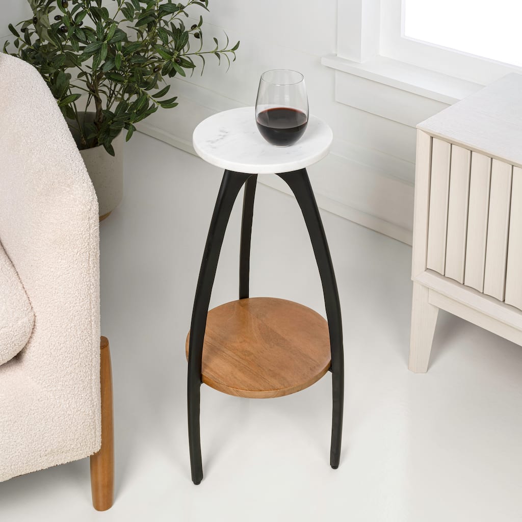 JONATHAN Y Ollie 24.5" Metal Tripod End Table w/ Marble Top & Wood Undershelf