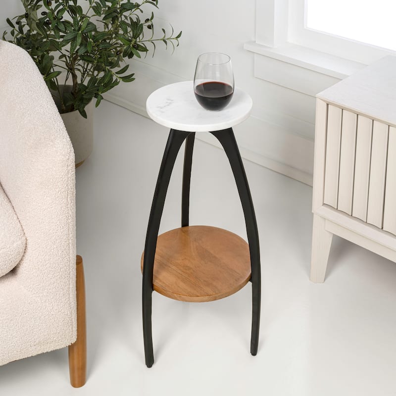 Ollie 24.5" Metal Tripod End Table w/ Marble Top & Wood Undershelf, By JONATHAN Y