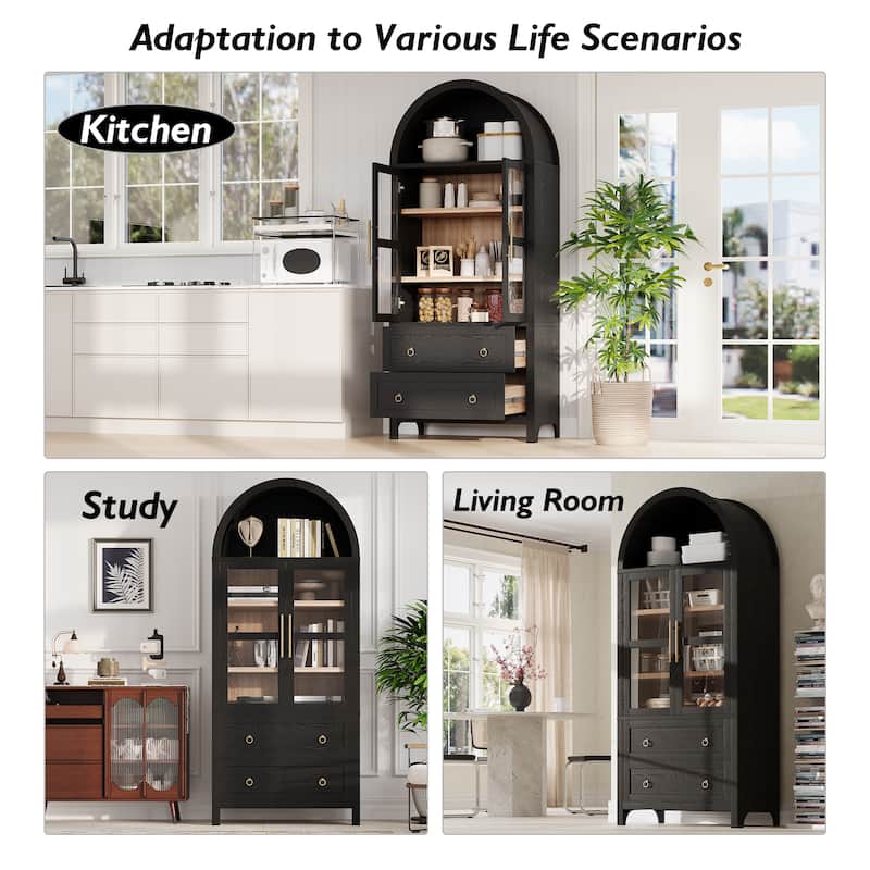 71" Tall Arched Kitchen Pantry Cabinet - 2 Large Drawers, Glass Door, Adjustable Shelves