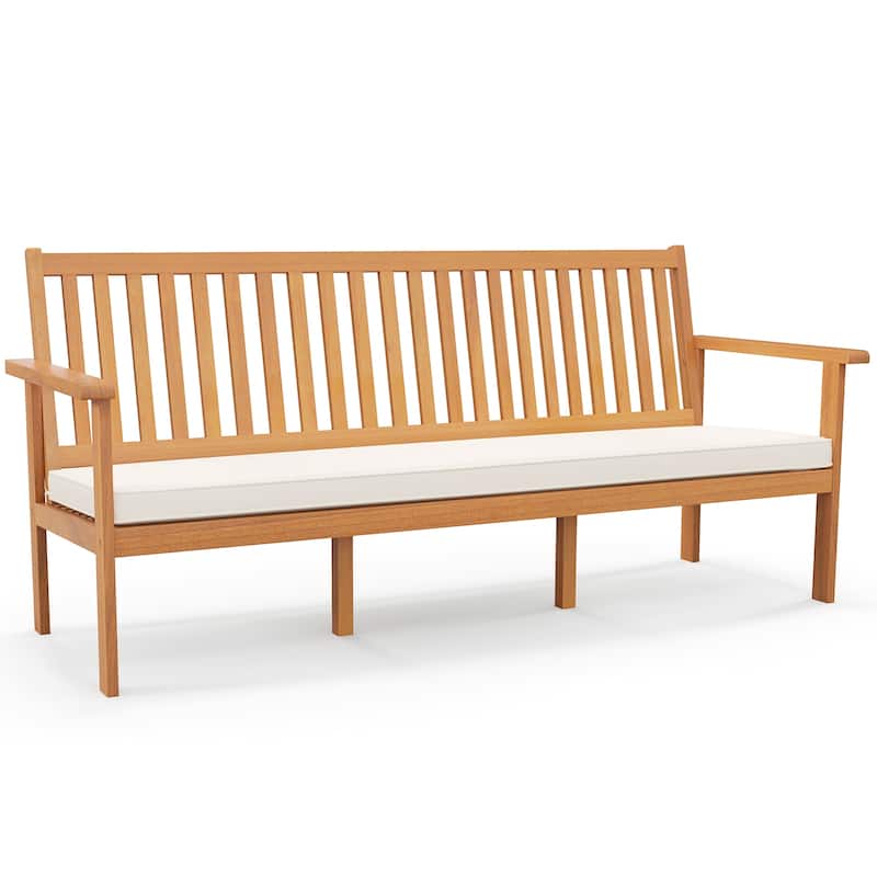 3-Seater Solid Acacia Wood Outdoor Bench with Off-White Cushion and Inclined Backrest - 64"L x 24"W x 31"H