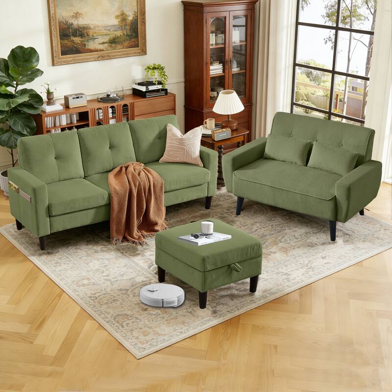 79.14" Corduroy 3 Piece Living Room Set with Sofa,Storage Ottoman and Loveseat