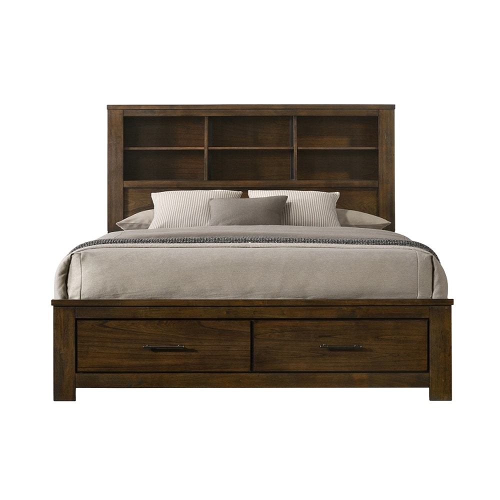 Wooden Bed with Storage Headboard in Oak Finish