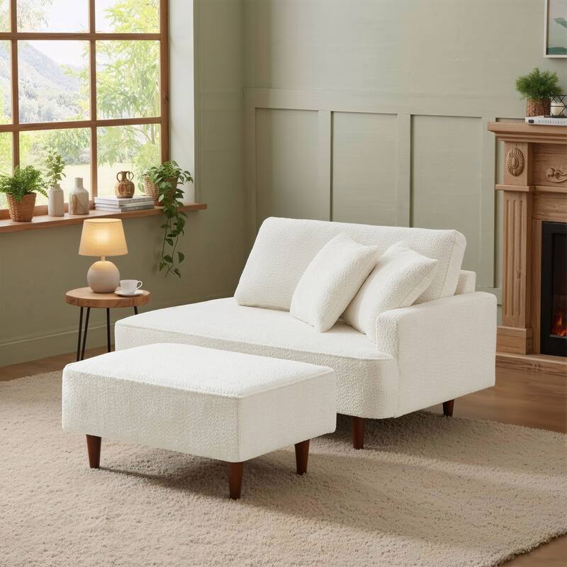 Indoor Chaise Lounge Chair with Ottoman Boucle Upholstered Chaise 2 Throw Pillows Included for Living Room Bedroom - White