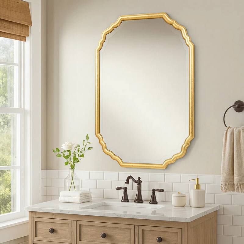 32 Inches Curved Design Wooden Vanity Mirror, Gold
