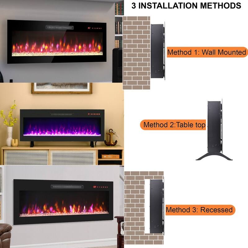 36 in. Wall Mounted Recess Ultra Thin Electric Fireplace with Tempered Glass Front in Black,Remote,1400W/5000BTU