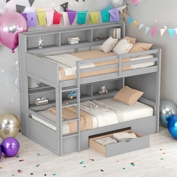 slide 2 of 13, Twin Over Twin Bunk Bed With Built-in Shelves And Storage Drawer for Bedroom