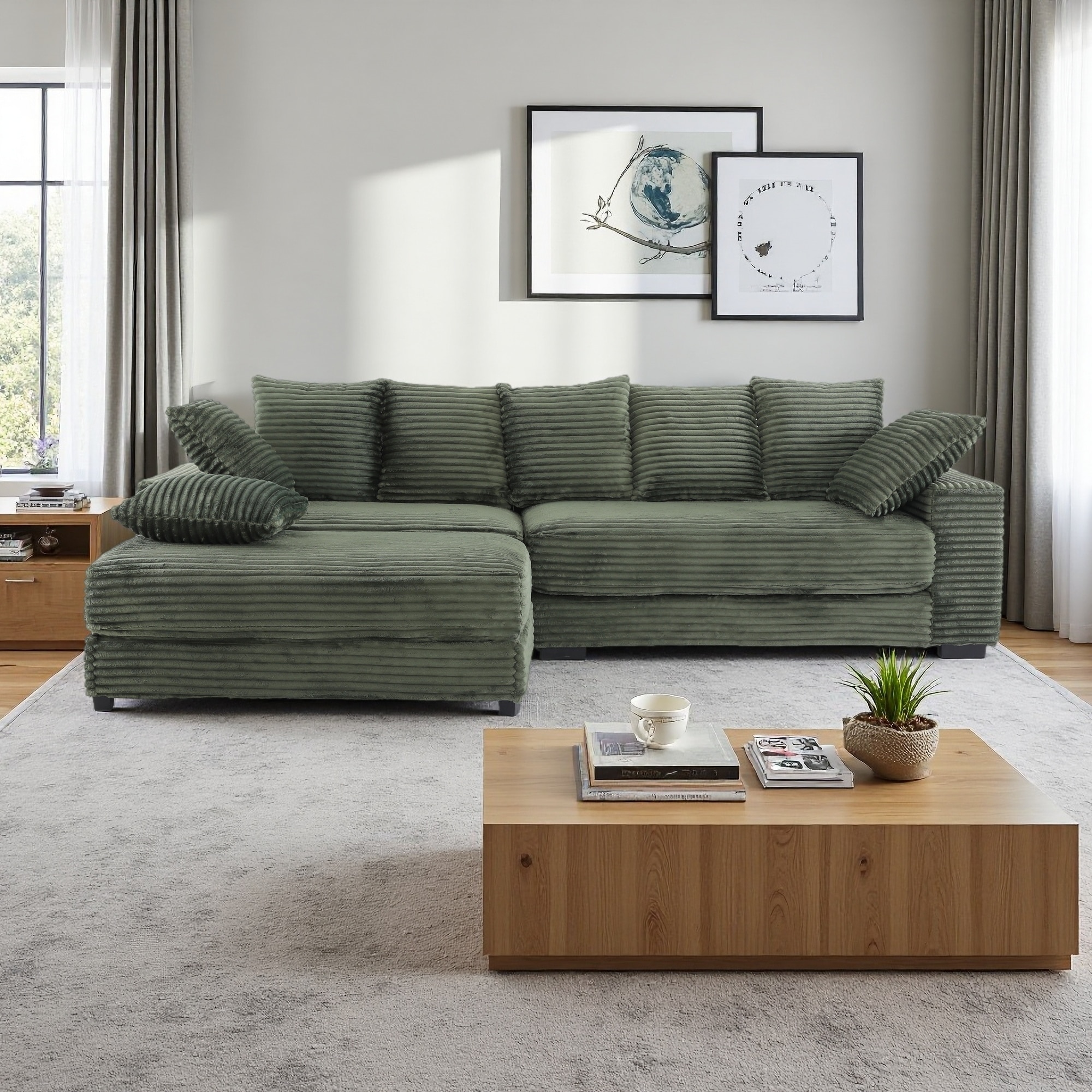 108.6'' Corduroy L-Shaped 4-Seat Sectional Sofa with Storage Ottoman and 8 Throw Pillows