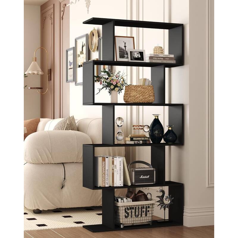 S-Shaped Bookshelf, Black Geometric Bookcase for Home & Office