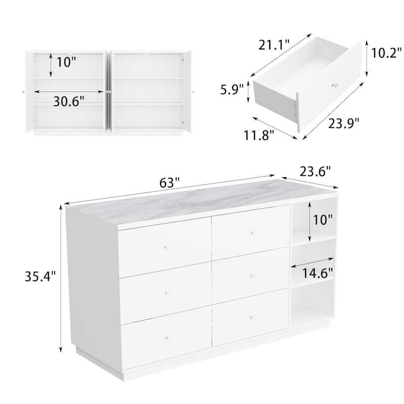 63"W Kitchen Island White Storage Unit with Drawers and Cabinets - 63"