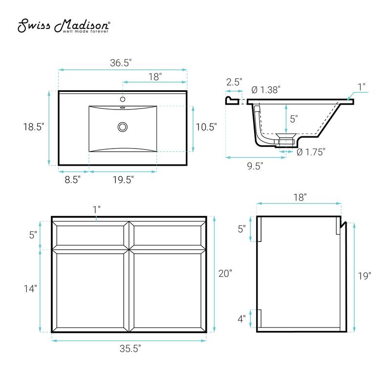 St. Tropez 36" Wall-Mounted Bathroom Vanity In Brown Oak With Sink Top - 36