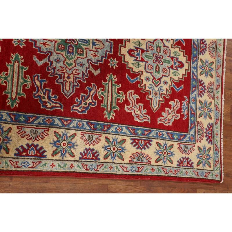 Red Geometric Kazak Foyer Rug Hand-Knotted Oriental Wool Carpet - 3'5" x 5'2"