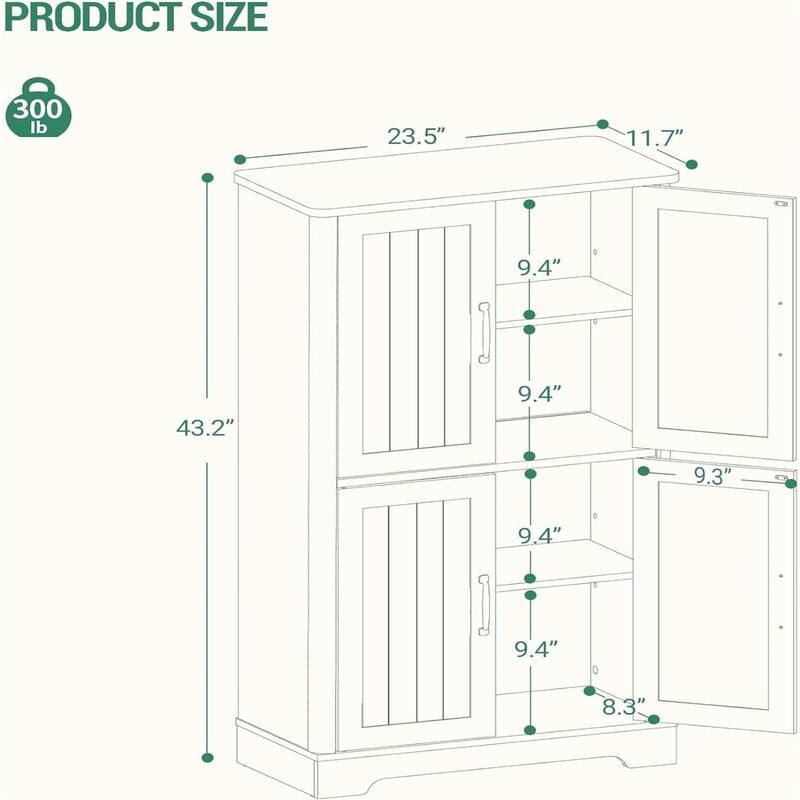 Freestanding Cabinet with 4 Door, 2 Adjustable Shelves - 11.8"D x 23.6"W x 43.3"H