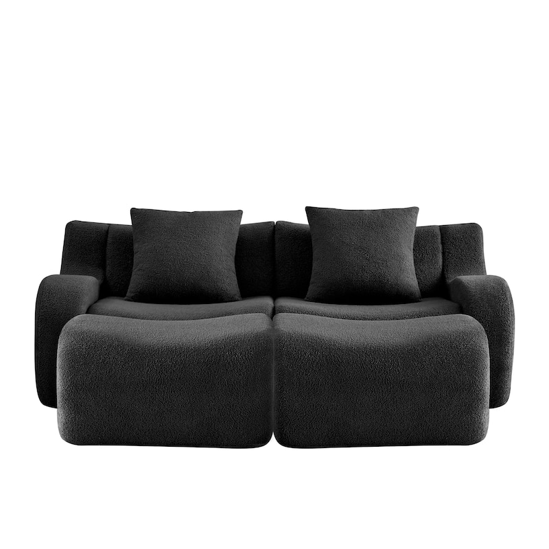 Teddy Fabric Boneless Sectional Sofa Set with 2 Ottoman, Modern Chaise Lounge Sofa with Curved Armrests, Anti-Slip Base