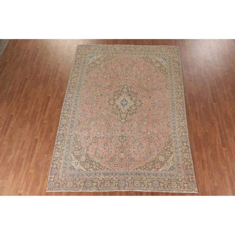 Hand Knotted Oriental 100% Wool Carpet Traditional Floral Pink Mashad Area Rug - 11' 8'' X 8' 4''