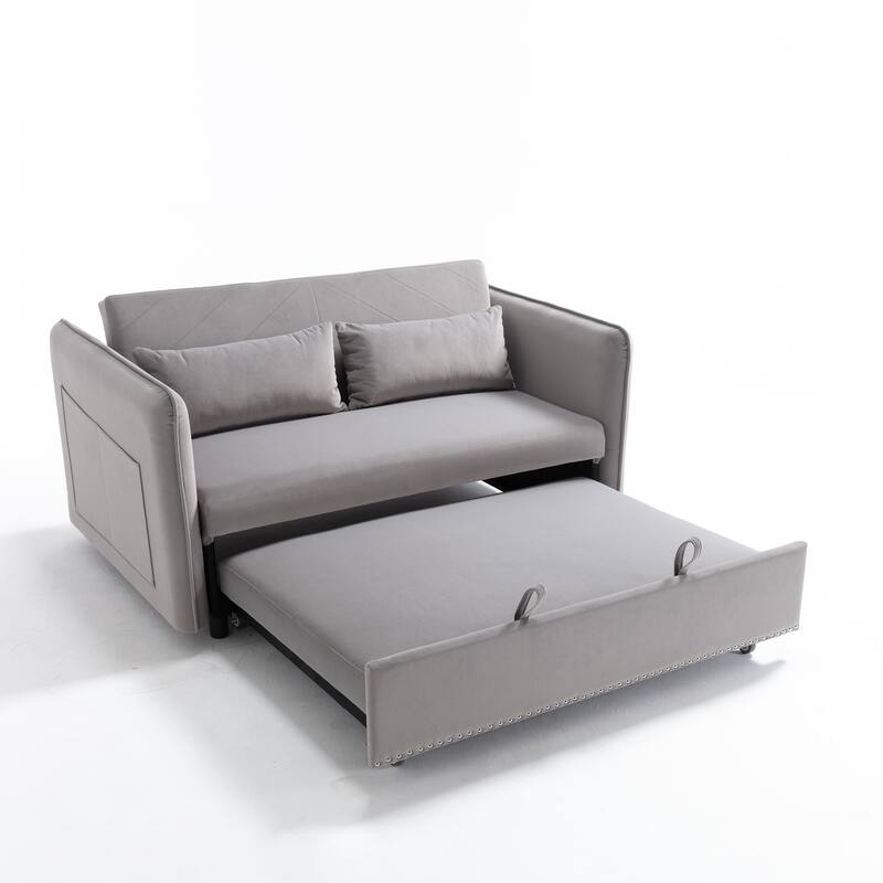 3 in 1 Convertible Sleeper Futon Sofa Bed, 55" Grey Velvet Loveseat with 2 Pillows, Reclining Backrest, Side Pockets