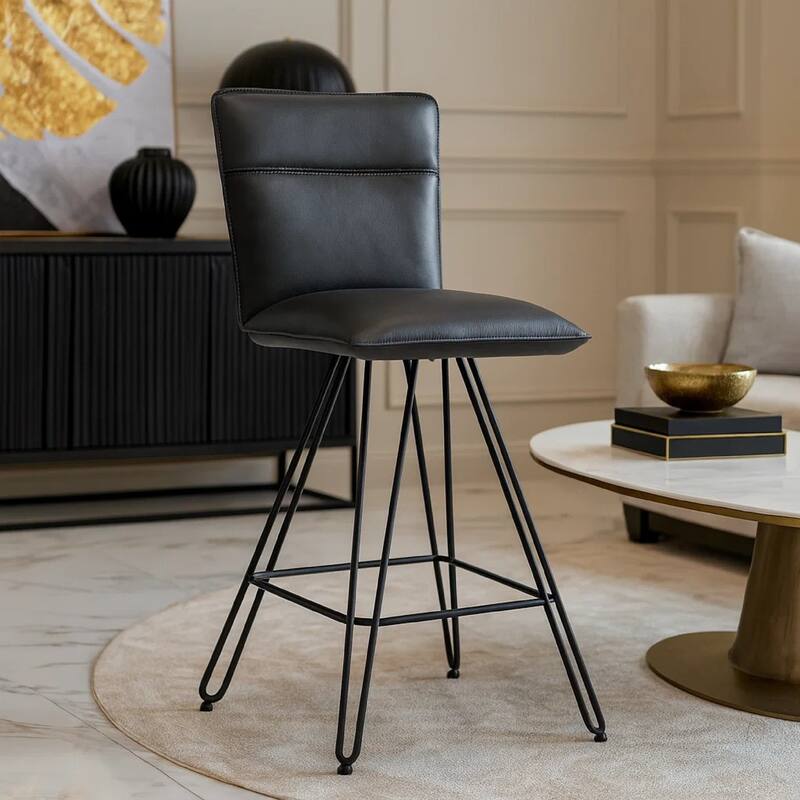 Metal Leather Upholstered Counter Height Stool with Hairpin Style Legs Set of 2, Blue and Black