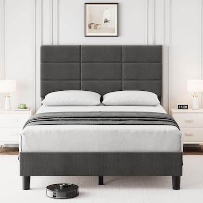 Linen Upholstered Platform Bed Frame,Solid Wooden Slats