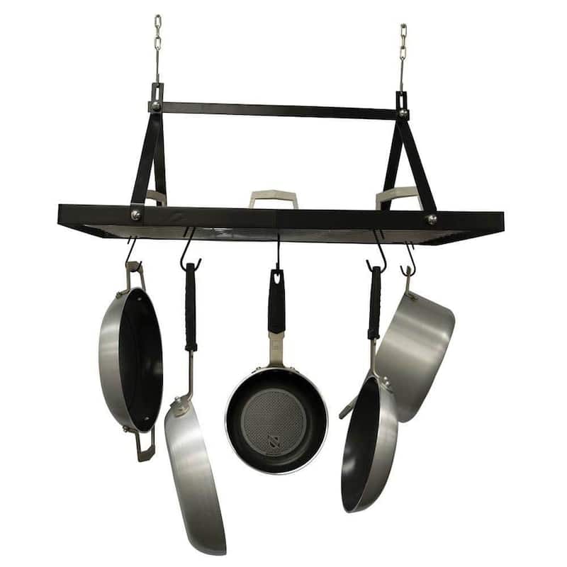 Black Metal Hanging Pot Rack with Hooks for Ceiling Kitchen Storage