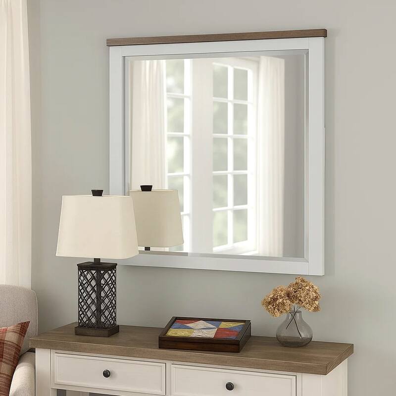 Tela Dresser Mirror, White Pinewood Frame, Dark Brown Top, 36 Inch - White, Dark Brown
