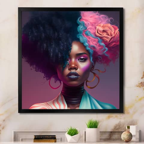 Designart "Pink And Blue African American Woman I" Contemporary Glam Framed Art Print