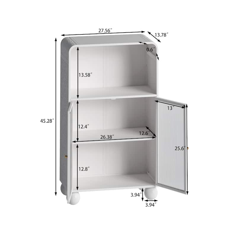 White Iron and Glass Modern Storage Cabinet with Shelves and Cupboard - 27.56” x 13.78” x 45.28”