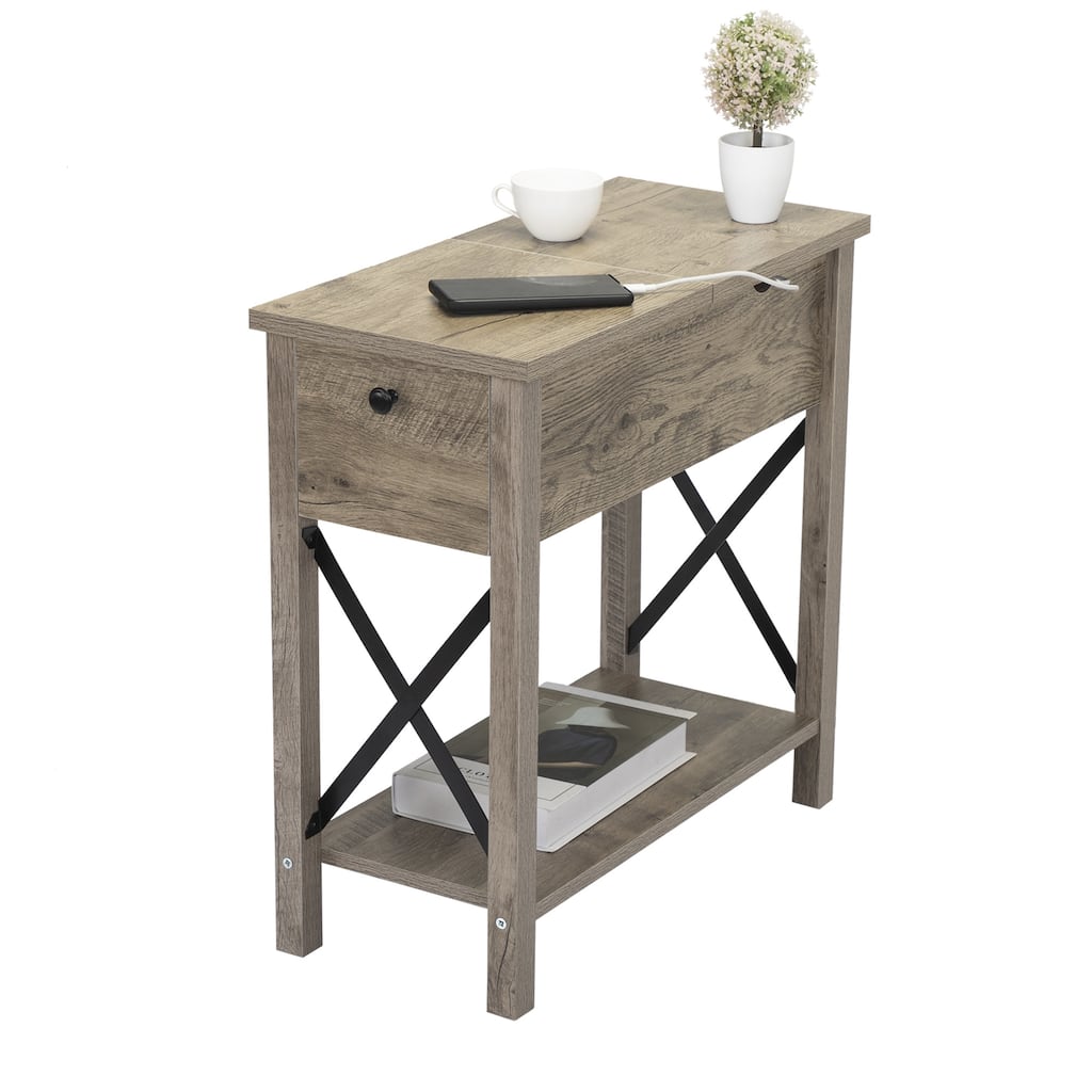 Farmhouse Flip Top Nightstand End Table W/Drawer 2AC Outlets 2USB