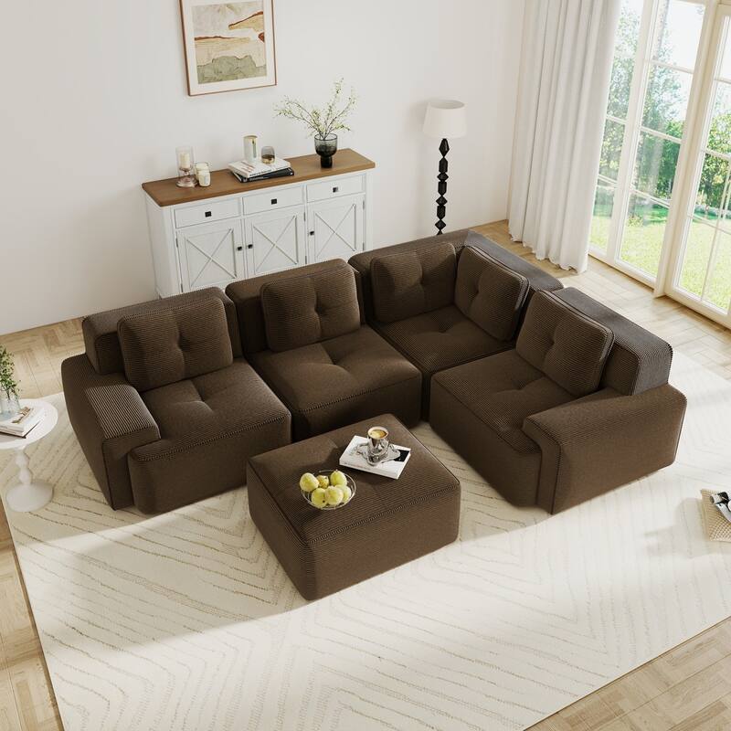 116.1" Corduroy Sectional Sofa with Movable Ottoman - Brown