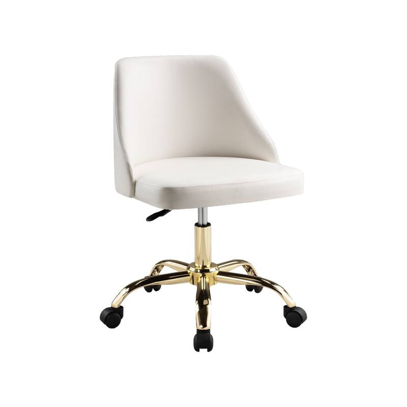 White Faux Leather Swivel Office Chair with Square Cushions, Adjustable Height and Gold Metal Base