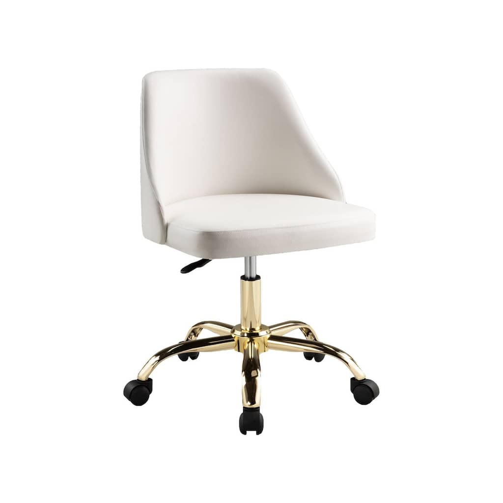 White Faux Leather Swivel Office Chair with Square Cushions, Adjustable Height and Gold Metal Base