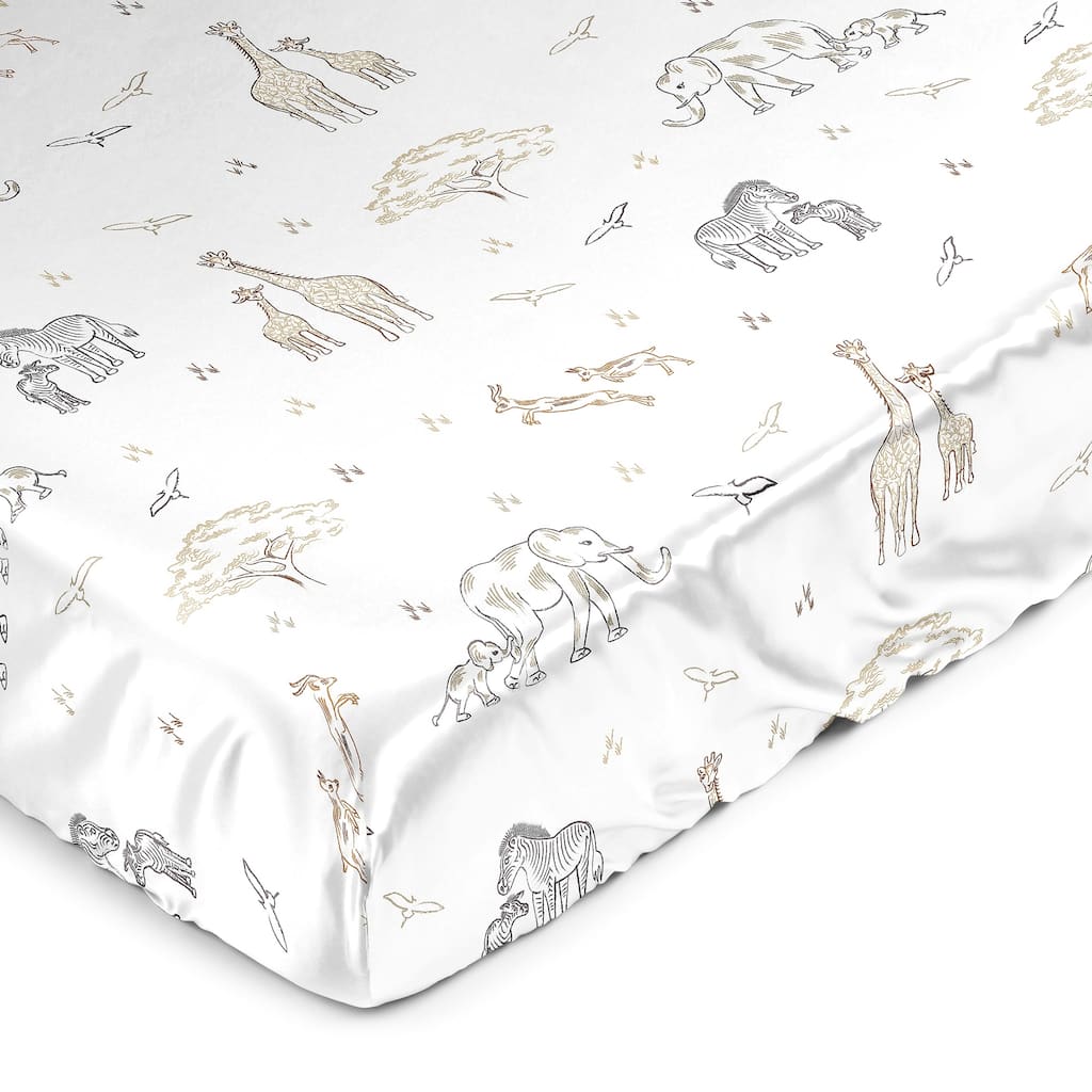 Sweet Jojo Designs Jungle Safari Animals Boy Girl Gender Neutral Satin Fitted Crib Sheet Taupe Elephants Giraffe Wildlife Zebra