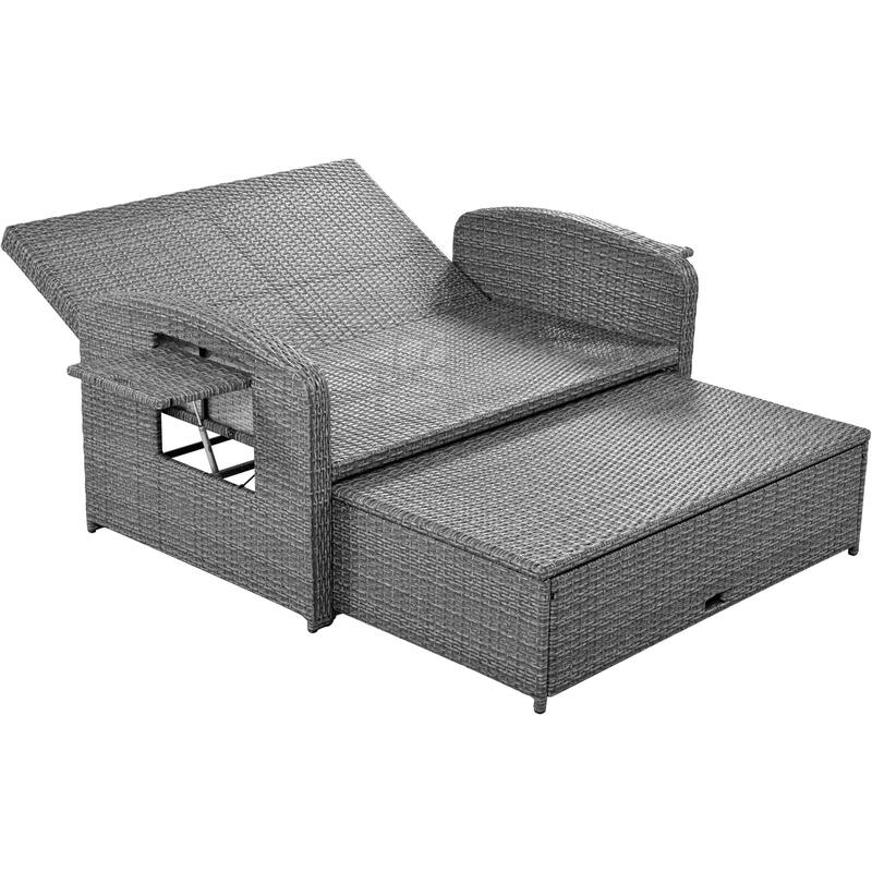 Wicker Rattan Double Chaise Lounge, 2-Person Reclining Daybed with Adjustable Back and Cushions, Free Furniture Protection Cover