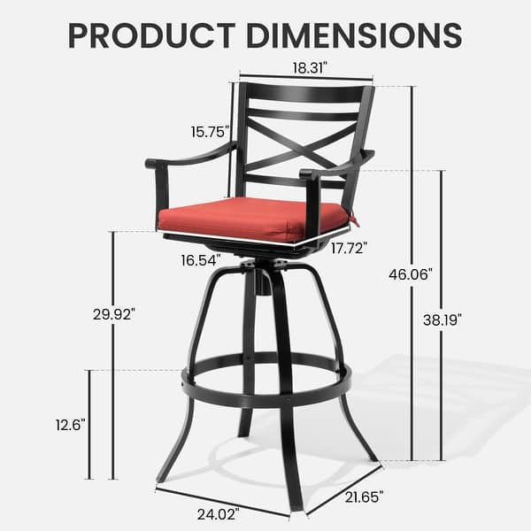 dimension image slide 8 of 15, Outdoor Cast Aluminum Sunbrella Swivel Bar Stools Patio Bar Height Barstools with Back
