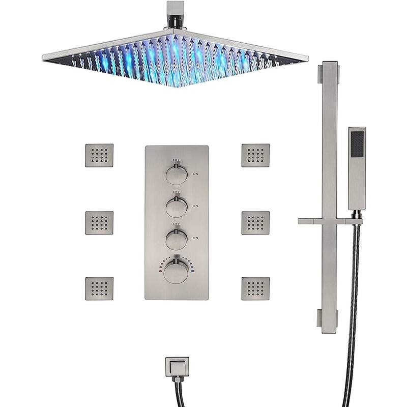 16" LED Wall Mount Rainfall 3 Way Thermostatic Shower System with Slide Bar, 6 Jets - Brushed Nickel